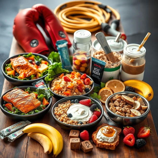 A vibrant and appealing arrangement of healthy foods tailored for boxers, highlighting nutritious meals and snacks that support athletic performance