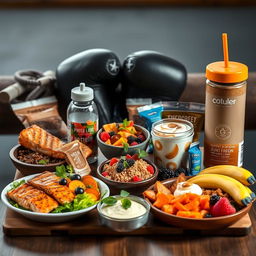 A vibrant and appealing arrangement of healthy foods tailored for boxers, highlighting nutritious meals and snacks that support athletic performance