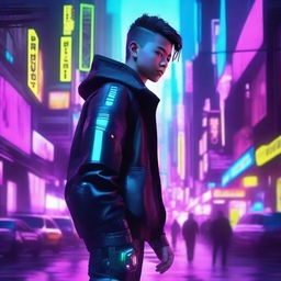 Hyper-realistic portrayal of a handsome young boy, clothed in long pants cyberpunk ninja gear, silently navigating the radiant neon-lit structures of an advanced future city