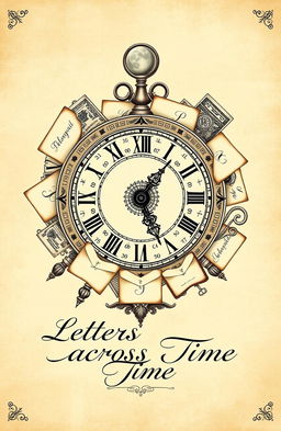 A beautifully intricate historical design that features various letters and a vintage clock intertwined seamlessly, embodying the concept of time and communication