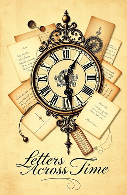 A beautifully intricate historical design that features various letters and a vintage clock intertwined seamlessly, embodying the concept of time and communication