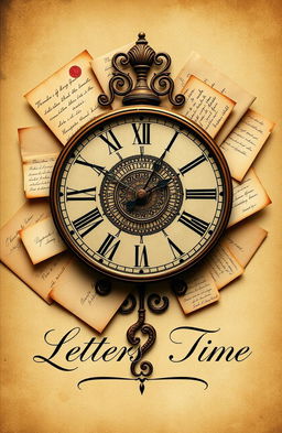 A beautifully intricate historical design that features various letters and a vintage clock intertwined seamlessly, embodying the concept of time and communication