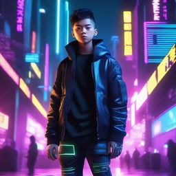 Hyper-realistic portrayal of a handsome young boy, clothed in long pants cyberpunk ninja gear, silently navigating the radiant neon-lit structures of an advanced future city