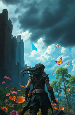 A dramatic fantasy scene depicting a rebellious hero escaping from a dark, oppressive realm into a vibrant, lush world filled with colorful flora and fantastical creatures
