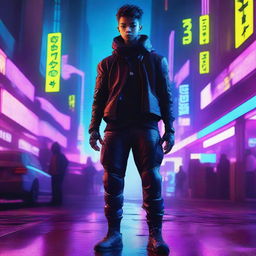 Hyper-realistic portrayal of a handsome young boy, clothed in long pants cyberpunk ninja gear, silently navigating the radiant neon-lit structures of an advanced future city