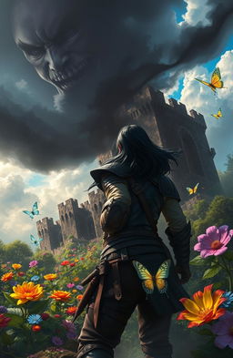 A dramatic fantasy scene depicting a rebellious hero escaping from a dark, oppressive realm into a vibrant, lush world filled with colorful flora and fantastical creatures