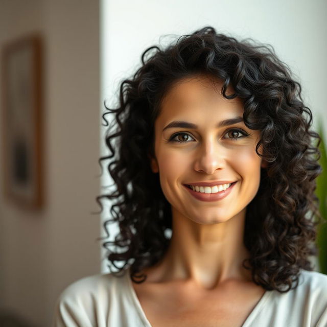 A portrait of a 35-year-old woman with fair skin and curly black hair