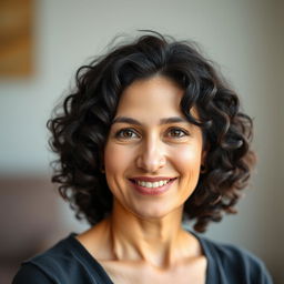 A portrait of a 35-year-old woman with fair skin and curly black hair