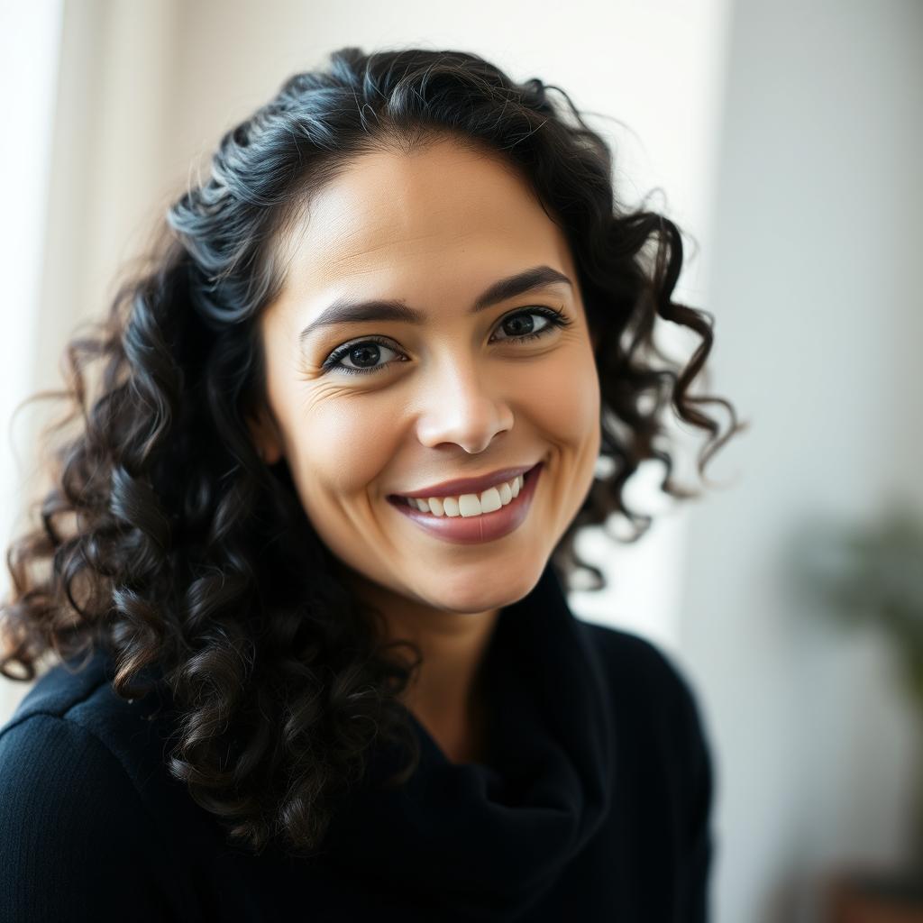 A portrait of a 35-year-old woman with fair skin and curly black hair