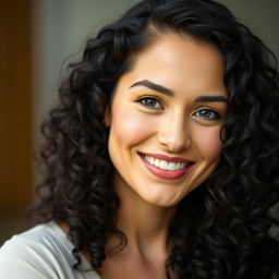 A portrait of a 35-year-old woman with fair skin and curly black hair