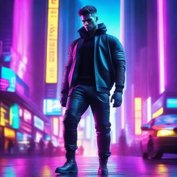 Hyper-realistic portrayal of a handsome young man styled in futuristic long pants and cyberpunk ninja attire, stealthily maneuvering among the vibrant neon-infused skyscrapers of an advanced metropolis