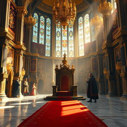 A majestic royal throne room set in a grand castle, adorned with intricate tapestries and golden chandeliers