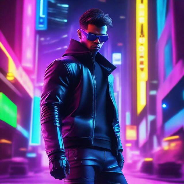 Hyper-realistic portrayal of a handsome young man styled in futuristic long pants and cyberpunk ninja attire, stealthily maneuvering among the vibrant neon-infused skyscrapers of an advanced metropolis