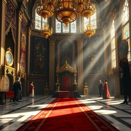 A majestic royal throne room set in a grand castle, adorned with intricate tapestries and golden chandeliers