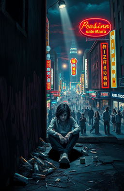 A dramatic and unsettling depiction of the consequences of drug abuse, illustrating a contrast between a vibrant, colorful cityscape and a dark, shadowy area where individuals are struggling with addiction