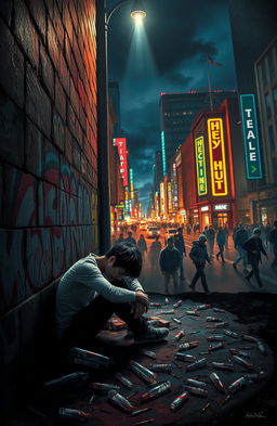 A dramatic and unsettling depiction of the consequences of drug abuse, illustrating a contrast between a vibrant, colorful cityscape and a dark, shadowy area where individuals are struggling with addiction