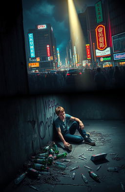 A dramatic and unsettling depiction of the consequences of drug abuse, illustrating a contrast between a vibrant, colorful cityscape and a dark, shadowy area where individuals are struggling with addiction