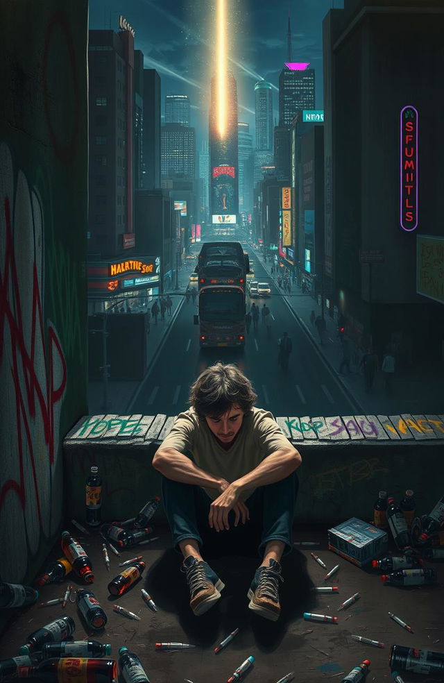 A dramatic and unsettling depiction of the consequences of drug abuse, illustrating a contrast between a vibrant, colorful cityscape and a dark, shadowy area where individuals are struggling with addiction