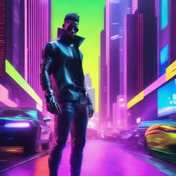 Hyper-realistic portrayal of a handsome young man styled in futuristic long pants and cyberpunk ninja attire, stealthily maneuvering among the vibrant neon-infused skyscrapers of an advanced metropolis