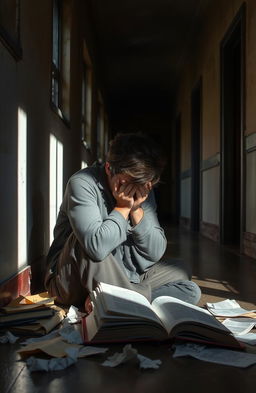 A poignant scene depicting a dimly lit university corridor, with sunlight streaming in through dusty windows, casting long shadows
