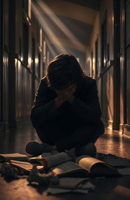 A poignant scene depicting a dimly lit university corridor, with sunlight streaming in through dusty windows, casting long shadows