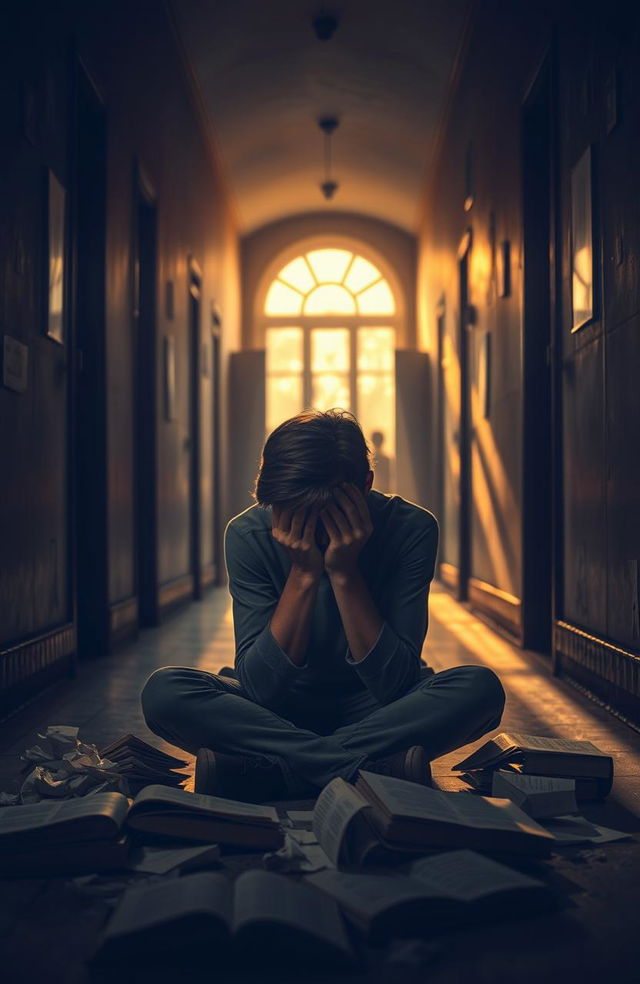 A poignant scene depicting a dimly lit university corridor, with sunlight streaming in through dusty windows, casting long shadows