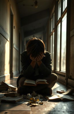 A poignant scene depicting a dimly lit university corridor, with sunlight streaming in through dusty windows, casting long shadows