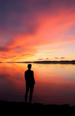 A serene landscape depicting longing and nostalgia, featuring a vast, tranquil lake reflecting a colorful sunset with shades of orange, pink, and purple