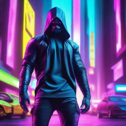 Hyper-realistic portrayal of a handsome young man styled in futuristic long pants and cyberpunk ninja attire, stealthily maneuvering among the vibrant neon-infused skyscrapers of an advanced metropolis