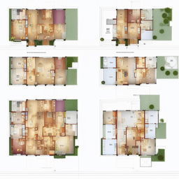 A detailed plan for a 4-bedroom duplex house, featuring spacious rooms, a modern layout, and architectural details such as balconies, stairs, and courtyards.