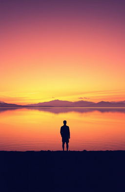 A serene landscape depicting longing and nostalgia, featuring a vast, tranquil lake reflecting a colorful sunset with shades of orange, pink, and purple