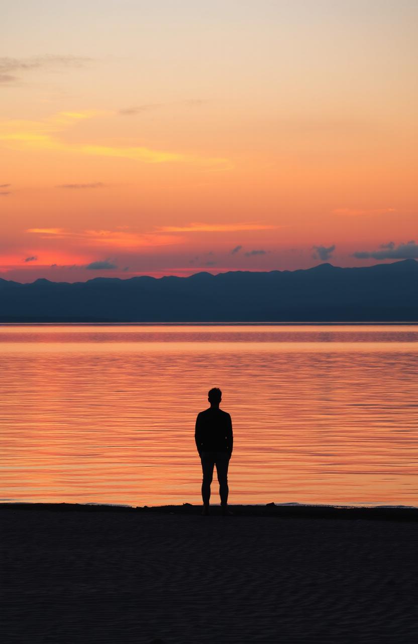 A serene landscape depicting longing and nostalgia, featuring a vast, tranquil lake reflecting a colorful sunset with shades of orange, pink, and purple