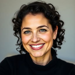 A portrait of a 30-year-old woman with fair skin and curly black hair