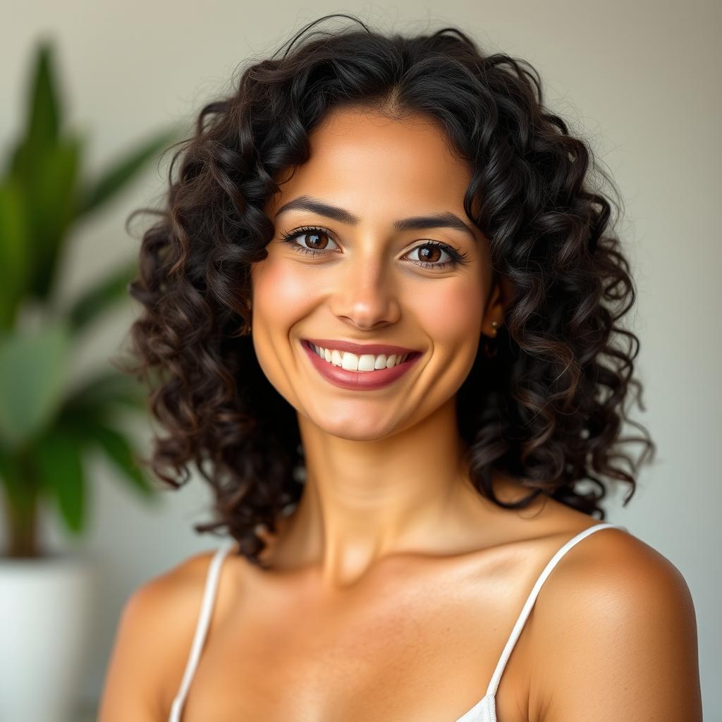 A portrait of a 30-year-old woman with fair skin and curly black hair