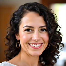 A portrait of a 30-year-old woman with fair skin and curly black hair