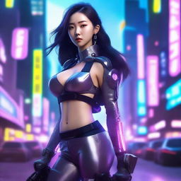 Hyper-realistic depiction of a beautiful young Korean girl in long pants and futuristic cyberpunk gear, powerfully shouldering a high-tech bazooka amidst the neon-lit, technologically-advanced cityscape