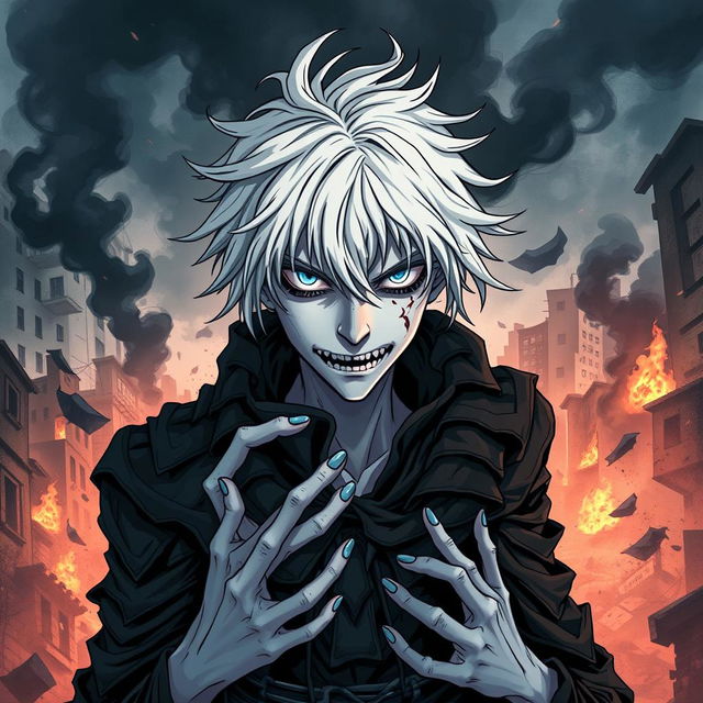 A dynamic and intense portrait of Tomura Shigaraki from the series My Hero Academia, showcasing his signature disheveled white hair, pale skin, and unsettling blue eyes