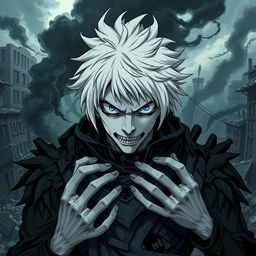 A dynamic and intense portrait of Tomura Shigaraki from the series My Hero Academia, showcasing his signature disheveled white hair, pale skin, and unsettling blue eyes