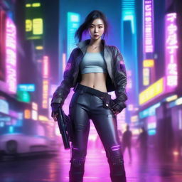 Hyper-realistic depiction of a beautiful young Korean girl in long pants and futuristic cyberpunk gear, powerfully shouldering a high-tech bazooka amidst the neon-lit, technologically-advanced cityscape