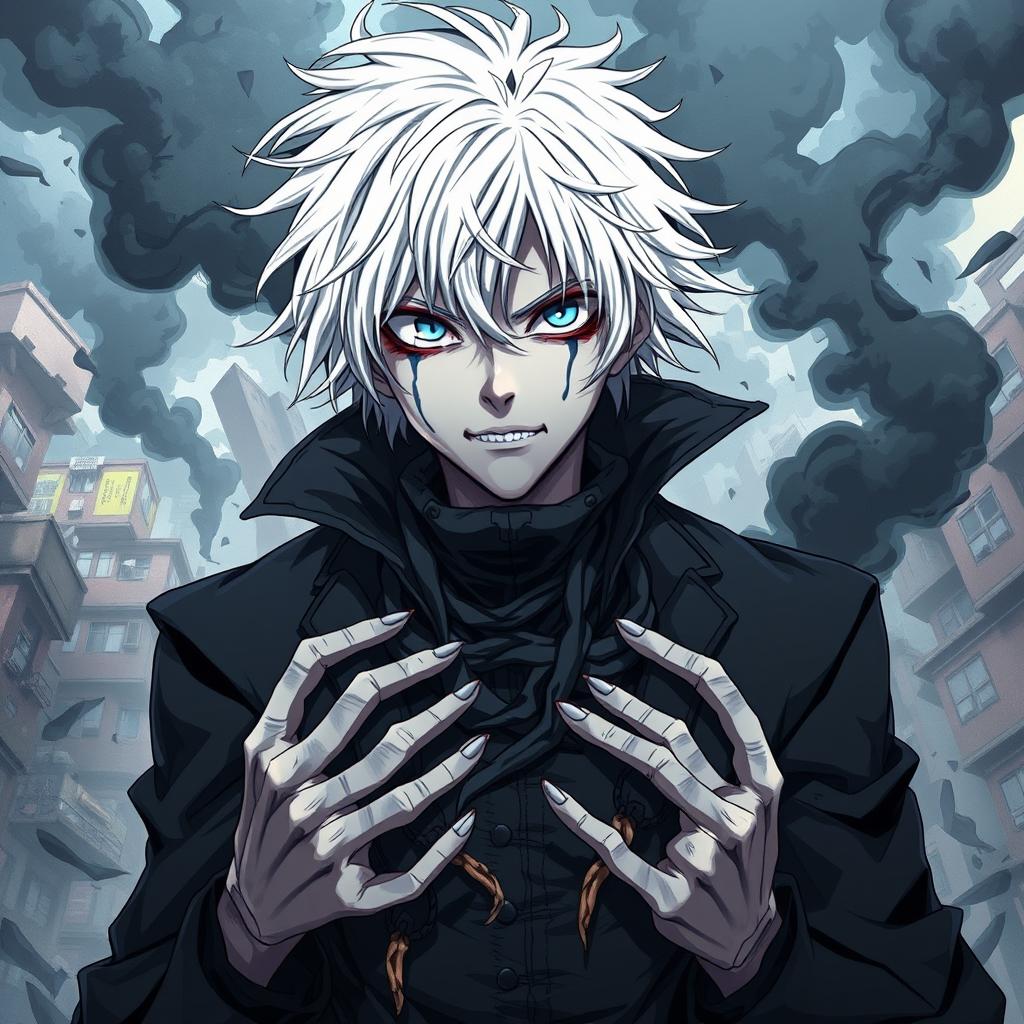 A dynamic and intense portrait of Tomura Shigaraki from the series My Hero Academia, showcasing his signature disheveled white hair, pale skin, and unsettling blue eyes