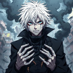 A dynamic and intense portrait of Tomura Shigaraki from the series My Hero Academia, showcasing his signature disheveled white hair, pale skin, and unsettling blue eyes