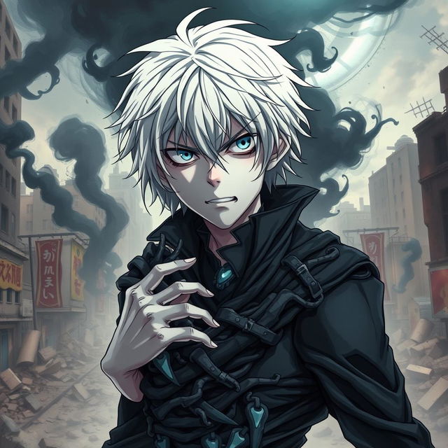 A dynamic and intense portrait of Tomura Shigaraki from the series My Hero Academia, showcasing his signature disheveled white hair, pale skin, and unsettling blue eyes