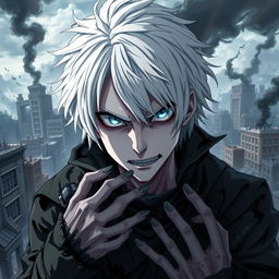 A dynamic and intense portrait of Tomura Shigaraki from the series My Hero Academia, showcasing his signature disheveled white hair, pale skin, and unsettling blue eyes