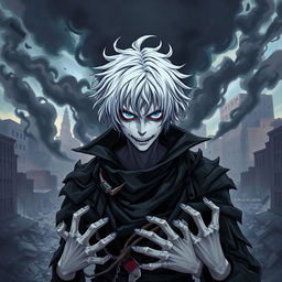 A dynamic and intense portrait of Tomura Shigaraki from the series My Hero Academia, showcasing his signature disheveled white hair, pale skin, and unsettling blue eyes