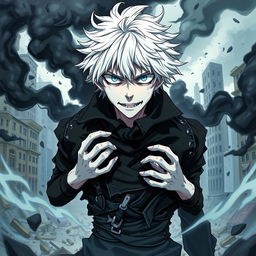 A dynamic and intense portrait of Tomura Shigaraki from the series My Hero Academia, showcasing his signature disheveled white hair, pale skin, and unsettling blue eyes