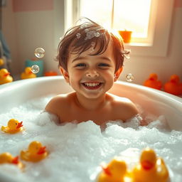 A serene scene of a young boy joyfully bathing in a large, colorful bathtub filled with bubbly soap suds, surrounded by playful rubber ducks and vibrant bath toys