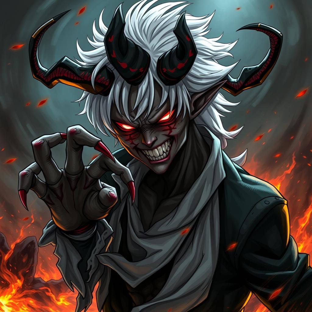 An imaginative depiction of Tomura Shigaraki reimagined as a demon, merging elements of his character from My Hero Academia with dark, demonic features