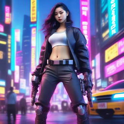 Hyper-realistic depiction of a beautiful young Korean girl in long pants and futuristic cyberpunk gear, powerfully shouldering a high-tech bazooka amidst the neon-lit, technologically-advanced cityscape