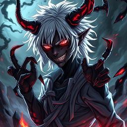 An imaginative depiction of Tomura Shigaraki reimagined as a demon, merging elements of his character from My Hero Academia with dark, demonic features
