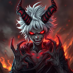 An imaginative depiction of Tomura Shigaraki reimagined as a demon, merging elements of his character from My Hero Academia with dark, demonic features